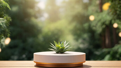 Wooden podium with succulent plant on table outdoors. Mockup for design