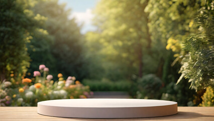 3d render of white round podium on wooden table in the garden with sunny - obrazy, fototapety, plakaty