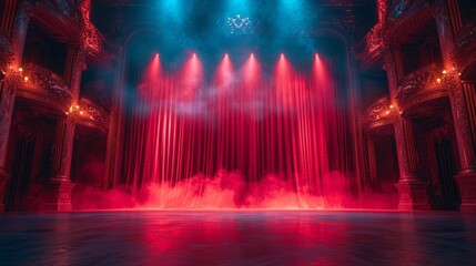 Theater stage with red curtains are opening with spotlight performance lights showing. Illumination and scenery decoration. 