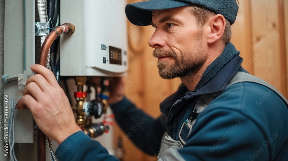 Aufkleber a plumber installing hot water system in a house. generative ai.