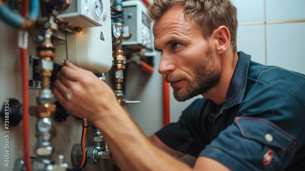Poster a plumber installing hot water system in a house. generative ai.