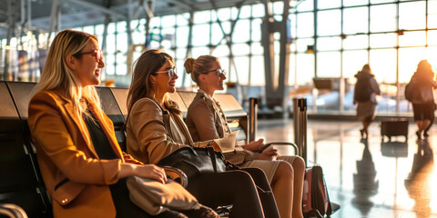 Elegance in Transit: Glamorous businesswoman, adorned in stylish sunglasses and smart dress, exudes confidence while awaiting departure at the airport.