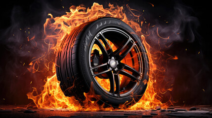 Dynamic car tyre with flames, symbolizing speed and power in the automotive industry. A vibrant burst of energy and motion on the asphalt, capturing the essence of competition and adrenaline