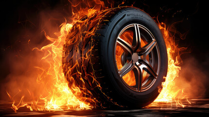 Dynamic car tyre with flames, symbolizing speed and power in the automotive industry. A vibrant burst of energy and motion on the asphalt, capturing the essence of competition and adrenaline