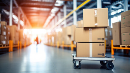 Warehouse background. Cardboard box packages on trolley with bright, sunshine, illuminating a blurred Logistics and distribution centre.