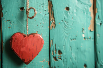 Wooden hand-painted red heart hanging on a string on a wooden light blue background
