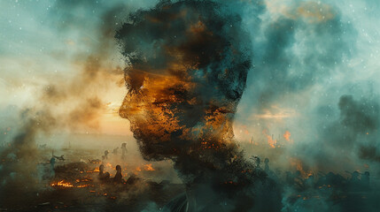 Stressed man merges with war scene, blending inner turmoil with external chaos—eerie double exposure capturing emotional impact in haunting synchrony.