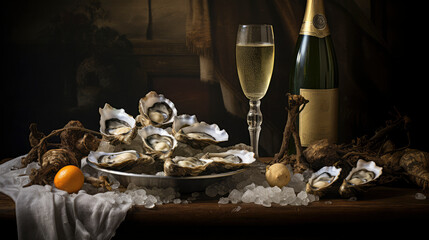Culinary romance: Elegant table setting featuring champagne and oysters, creating a cozy atmosphere for a romantic evening. Perfect for conveying luxury and intimacy