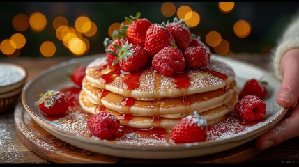 Huge stack of pancakes topped with glazed strawberries and. fancy restaurant