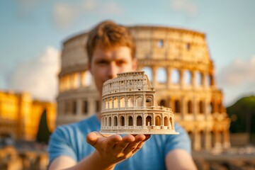man holds the miniature coliseum in his hands