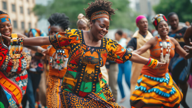 A vibrant photo showcasing a community engaged in lively African American dance, celebrating cultural traditions
