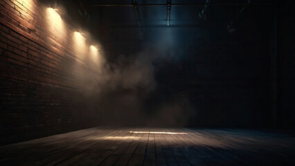 Dark Black Room with Glowing Brick Walls and Radiant Rays