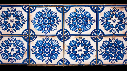 A close-up view of a traditional Portuguese tile wall, focusing exclusively on the tiles