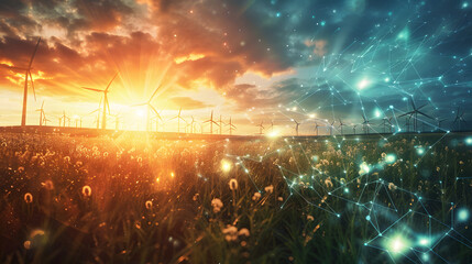 concept idea eco power energy. wind turbine on hill with sunse - obrazy, fototapety, plakaty