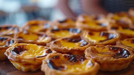A final dish of freshly baked Portuguese Past&eacute;is de Nata on a white plate. 