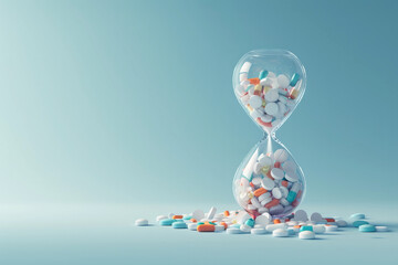 Pills inside a glass sand clock on a light blue empty background with space for text. Health and medicine theme or antidepressant addiction
 - obrazy, fototapety, plakaty