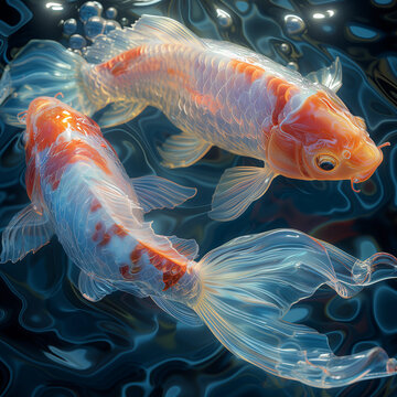 Two Transparent Crystal Koi Fish with Rainbow Color. Swimming around each other like a yin and yang symbol. Closeup view wallpaper in the hyper-realistic style.