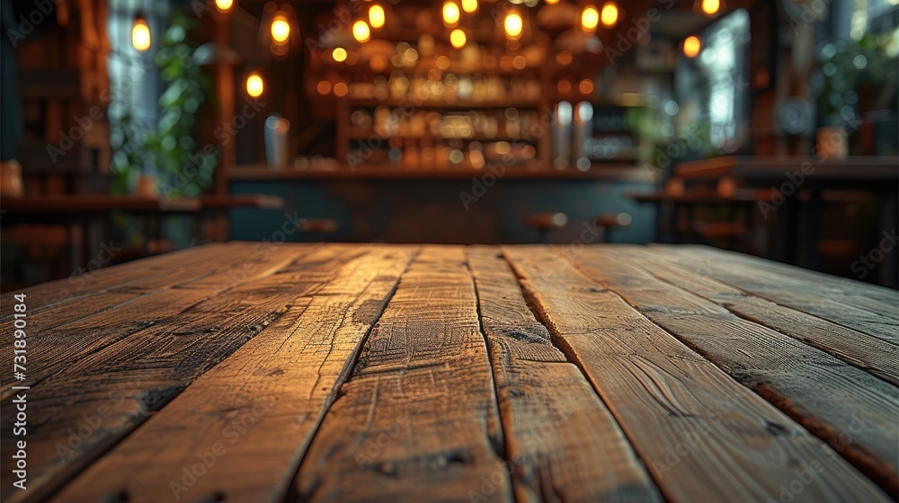 Poster a empty wooden table and a bar night club in the background. generative ai.