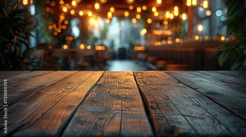 Poster a empty wooden table and a bar night club in the background. generative ai.