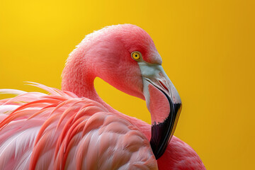 Close up portrait of a beautiful pink flamingo sideways isolated on empty yellow background with space for text or inscriptions
