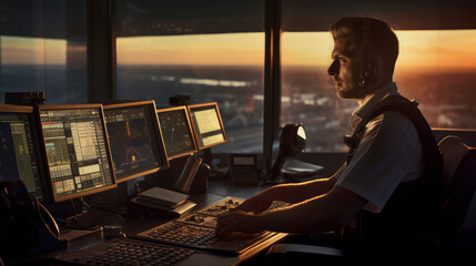 Air traffic controller: Navigating the Skies: A dedicated professional in the aviation industry, the air traffic controller, manages air travel with precision and authority - obrazy, fototapety, plakaty