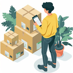 Customers using a mobile app for e-commerce to shop online. A flat line vector illustration showing a young man holding a device, surrounded by neatly arranged delivery boxes.