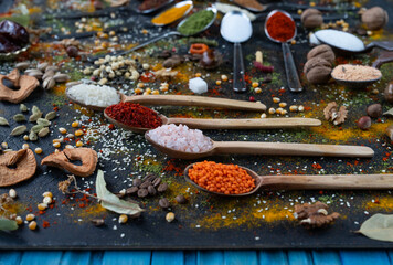 Lentils, Thyme, Cinnamon, Rice, Chickpeas, Red Pepper, Black Pepper, Turmeric, Tarhana, Corn  Various Spices, Legumes and Herbs on Black Background Photo, Uskudar Istanbul, Turkiye (Turkey)