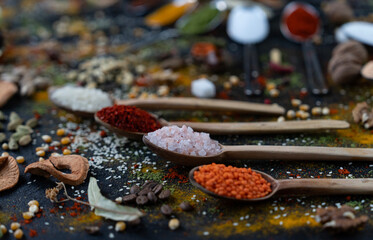 Lentils, Thyme, Cinnamon, Rice, Chickpeas, Red Pepper, Black Pepper, Turmeric, Tarhana, Corn  Various Spices, Legumes and Herbs on Black Background Photo, Uskudar Istanbul, Turkiye (Turkey)