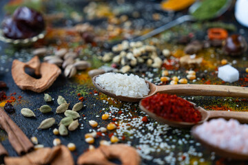 Lentils, Thyme, Cinnamon, Rice, Chickpeas, Red Pepper, Black Pepper, Turmeric, Tarhana, Corn  Various Spices, Legumes and Herbs on Black Background Photo, Uskudar Istanbul, Turkiye (Turkey)