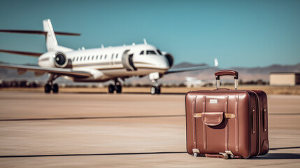 Luxury suitcases in front of private jet on hard standing at airport