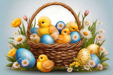 Easter basket with easter eggs and chickens, generative AI