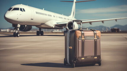 Luxury suitcases in front of private jet on hard standing at airport