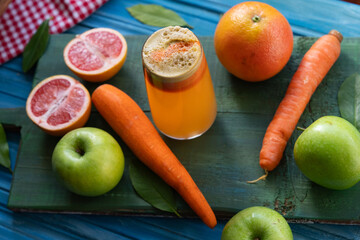 Green Apple, Grapefruit and Carrot Juice Mix on Wooden Background, Üsküdar Istanbul, Turkiye (Turkey)