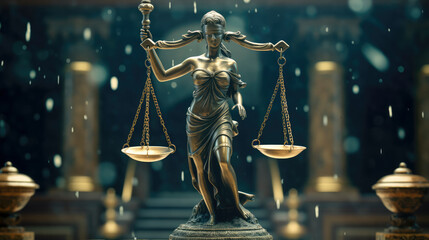 Law Background: View of intricate justice scales, symbolising fairness and balance in the legal system. Gold and metal details highlight authority and ethical principles. - obrazy, fototapety, plakaty