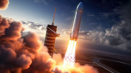 Futuristic space rocket soaring at sunrise, symbolizing innovation, exploration, and achievement in aerospace technology