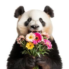 cheerful panda with a wide smile enjoying a bouquet of bright spring flowers for March 8, on a...
