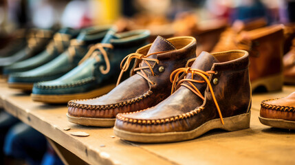 Row of shoes in traditional cobblers. Vintage shoe shop.  Time-honored craftsmanship in every detail.
