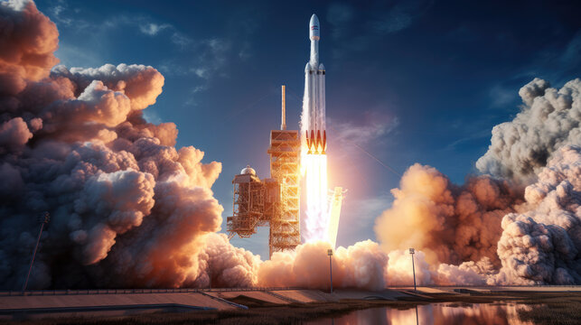 Futuristic space rocket blasting off at sunrise, symbolising innovation, exploration, and achievement in aerospace technology