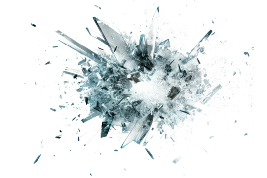 explosion that resembles shattered glass, with fragments radiating outward in a dynamic and abstract pattern.