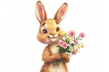 bunny with a beaming smile holding a bouquet of bright spring flowers on a clean white background