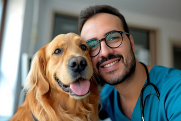 Young veterinarian with glasses hugging a dog in the clinic. Dog medicine theme
