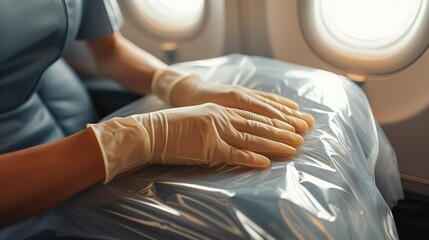 Fototapeta premium Shot of gloved hand applying protective seat cover on airplane. Generative AI.