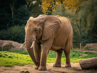 A gentle elephant amidst lush zoo greenery.
