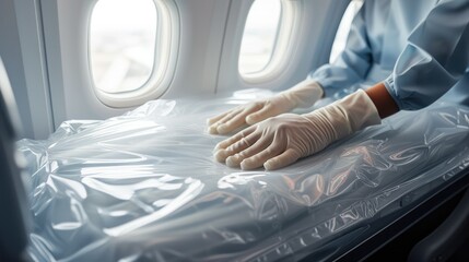 Shot of gloved hand applying protective seat cover on airplane. Generative AI.