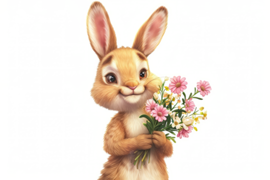 bunny with a beaming smile holding a bouquet of bright spring flowers on a clean white background