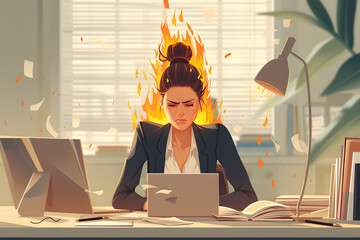 Stressed angry woman sitting in the office on fire. Concept of deadlines, overwork and burnout. - obrazy, fototapety, plakaty