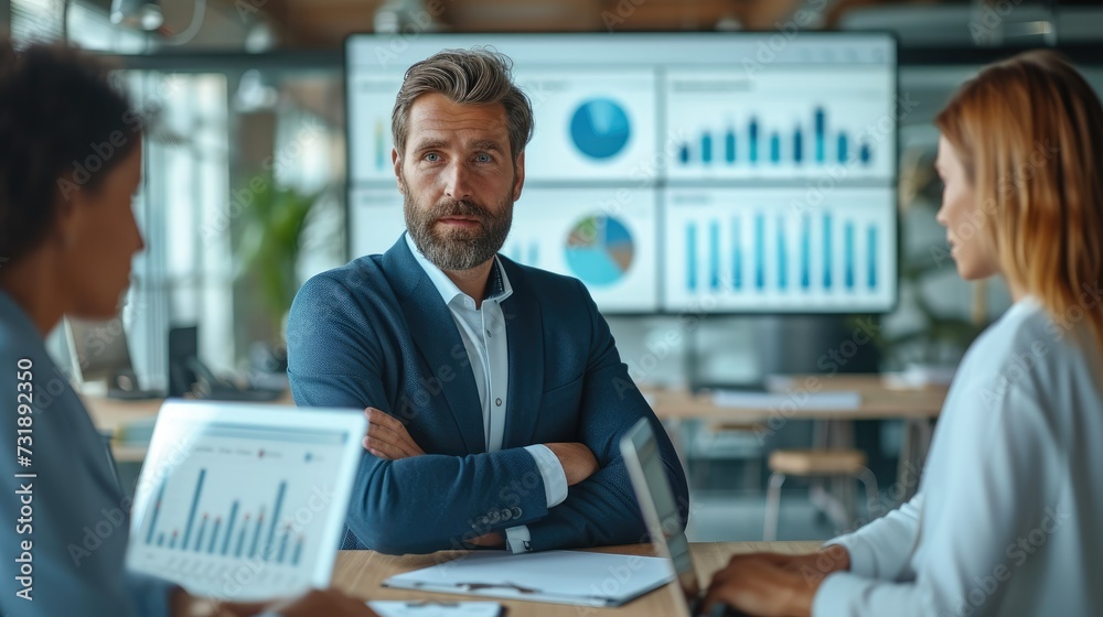 Poster businessman and team meeting in modern office, with data of financial graphs and statistic. generati