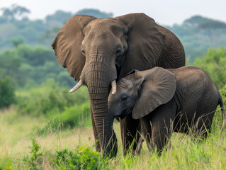 Mother elephant and calf walking through grass in wild nature.