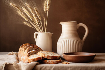 Freshly baked sliced bread with ceramic milk jug, evoking rural warmth