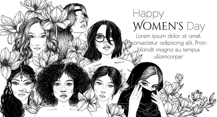 Vector illustration for International Women's Day. Set of 7 girls of different nationalities in magnolia flowers - obrazy, fototapety, plakaty